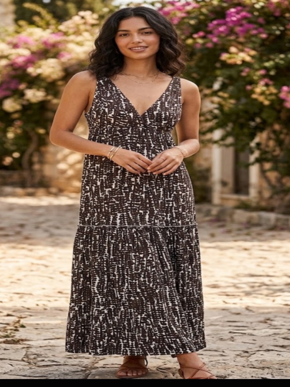 Banana Republic Black and White Printed V-Neck Maxi Dress